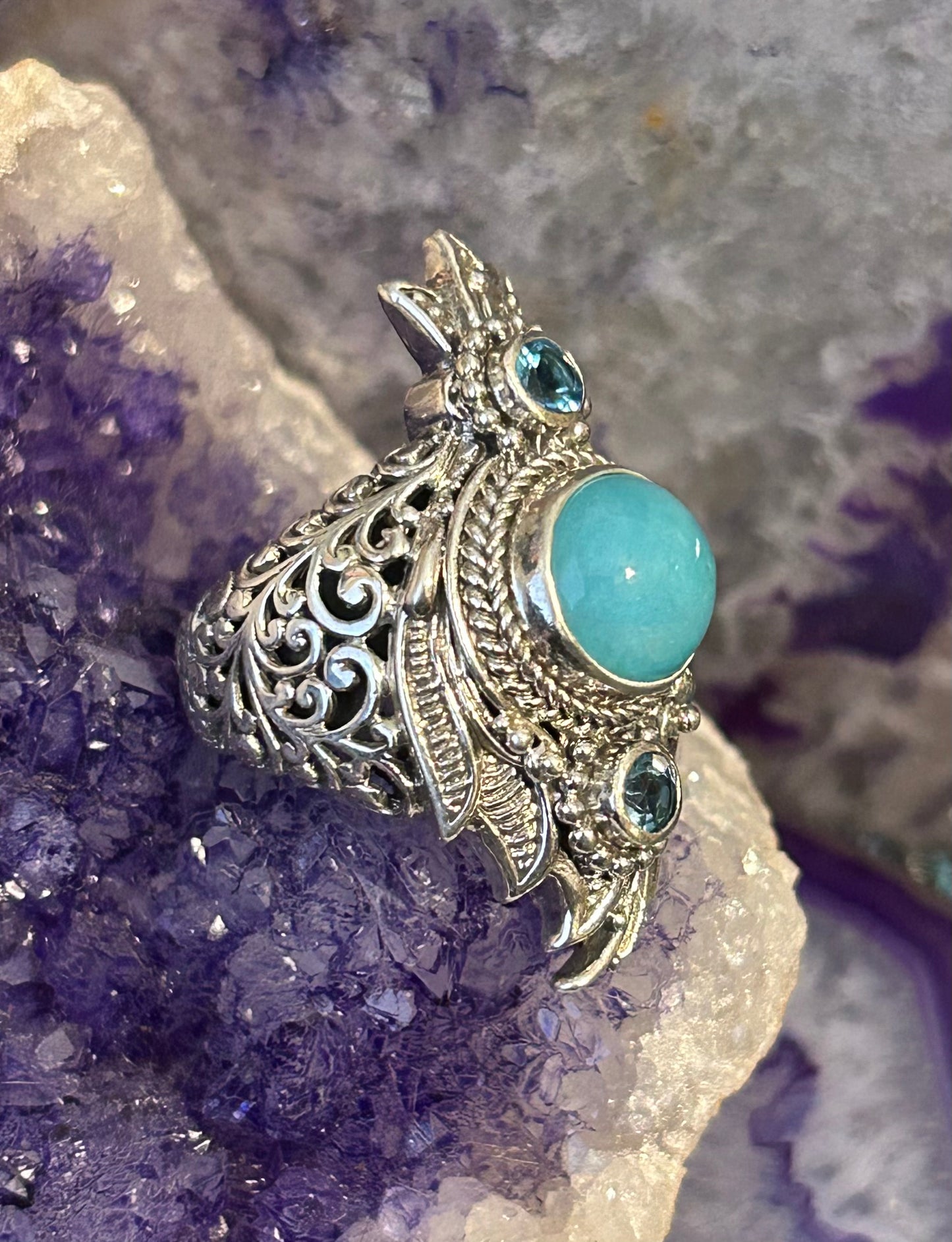 Sterling Silver SARDA Larimar & Blue Topaz Ornamental Statement Ring Size 7