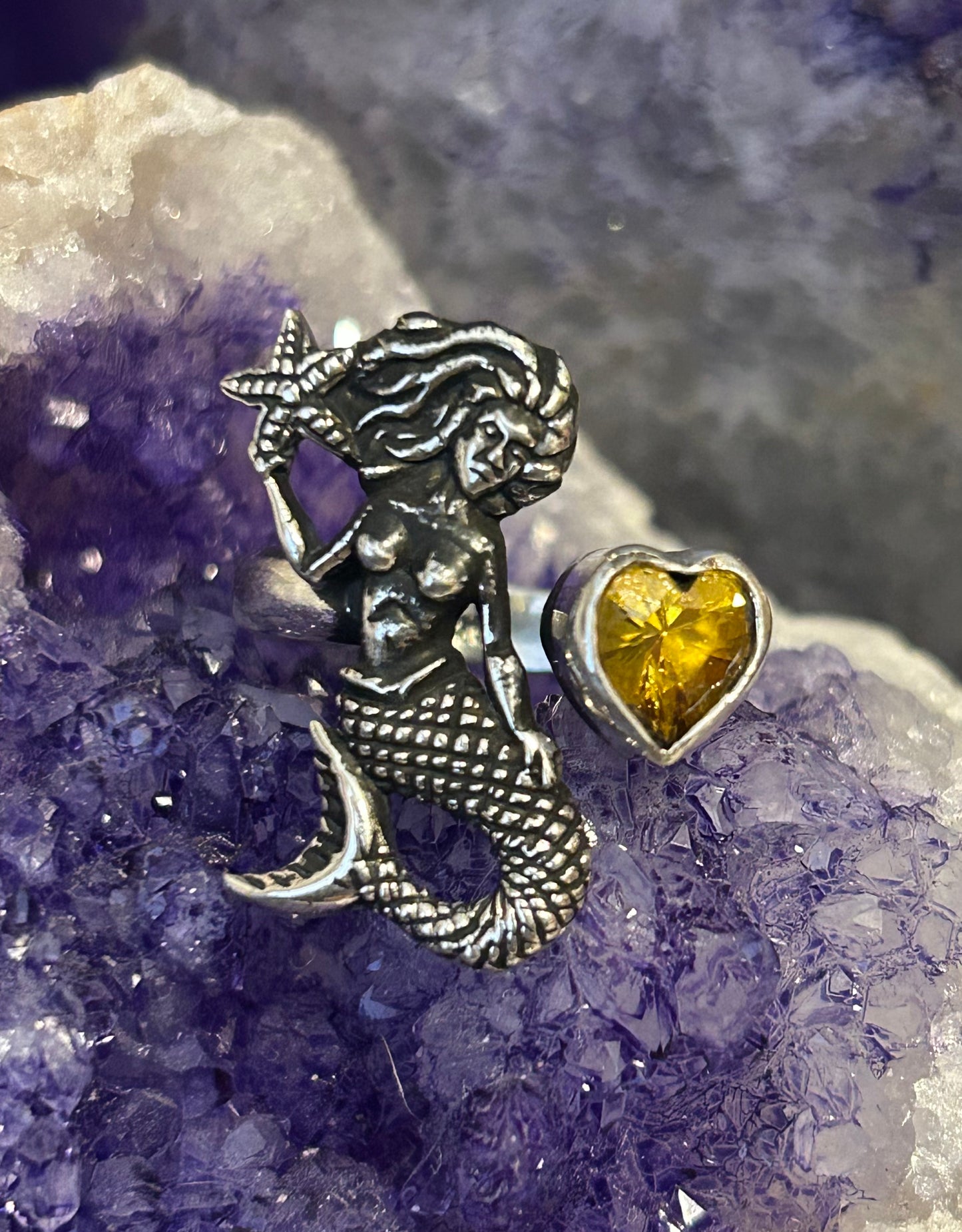 Sterling Silver Taxco Mexico Mermaid & Citrine Zircon Bypass Ring