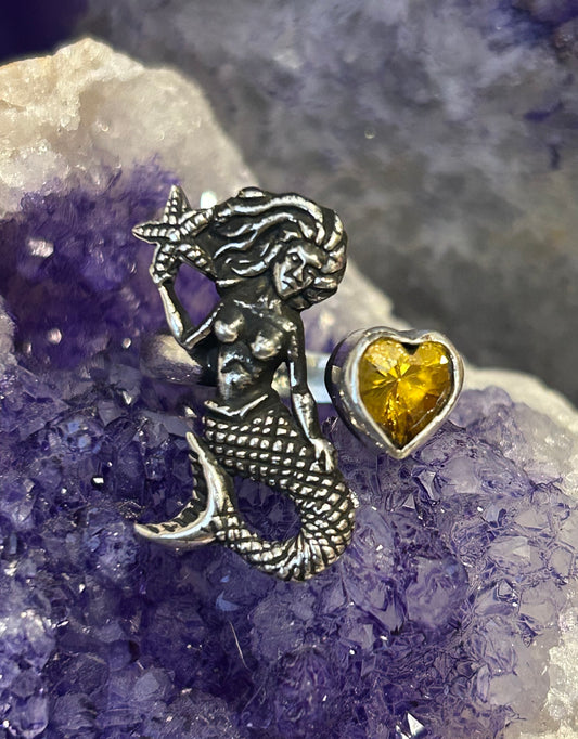 Sterling Silver Taxco Mexico Mermaid & Citrine Zircon Bypass Ring