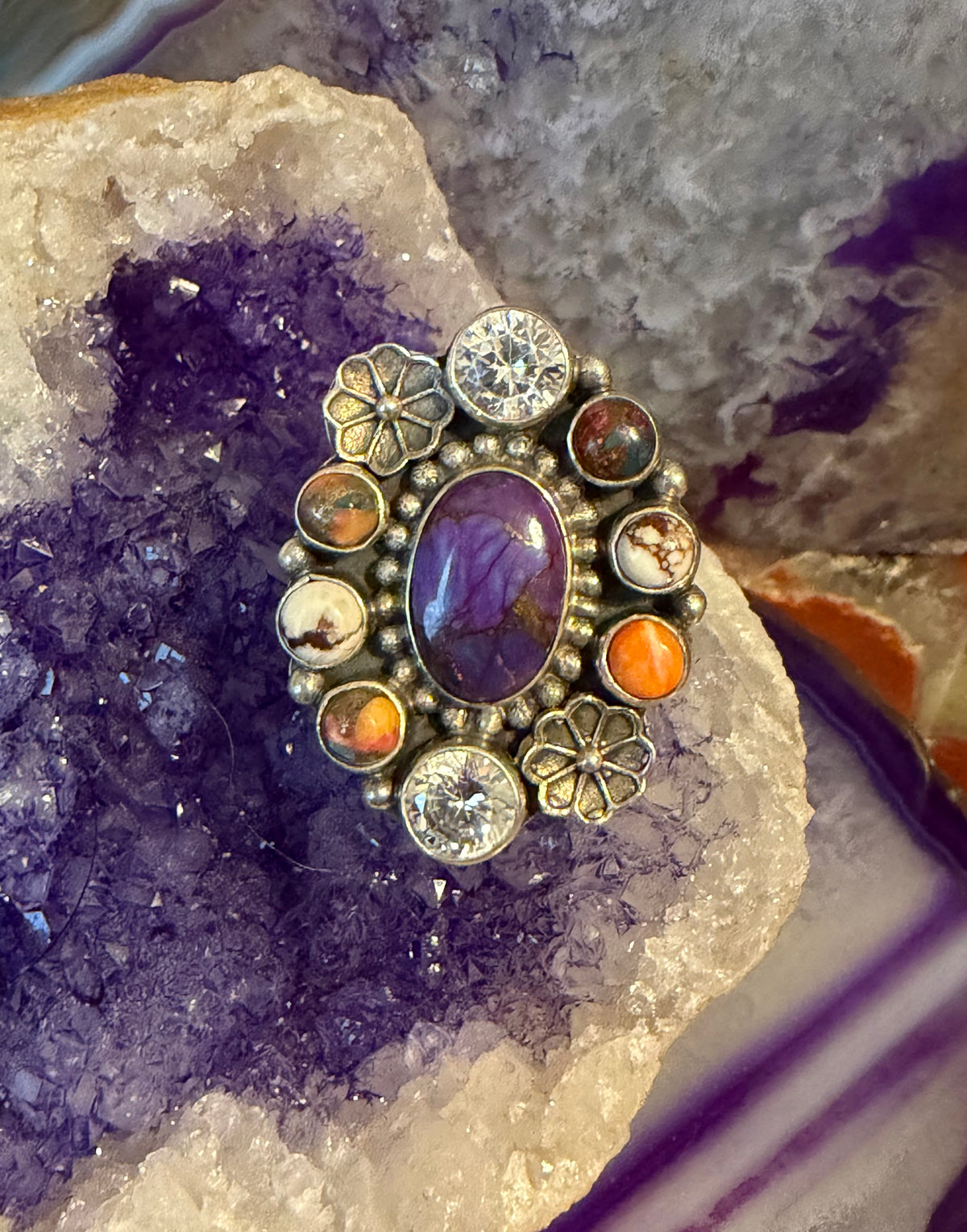 Sterling Silver Southwestern Purple Mojave, Cz, And Spiny Oyster Adjustable Ring