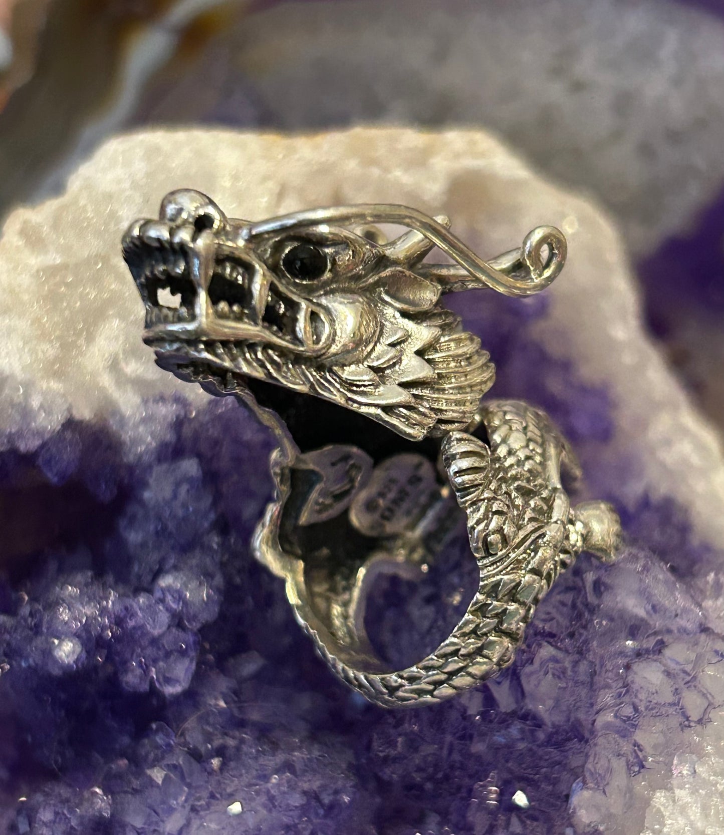 Sterling Silver Designer SOMS Statement Dragon Bypass Wrap Ring w/ Onyx Eyes