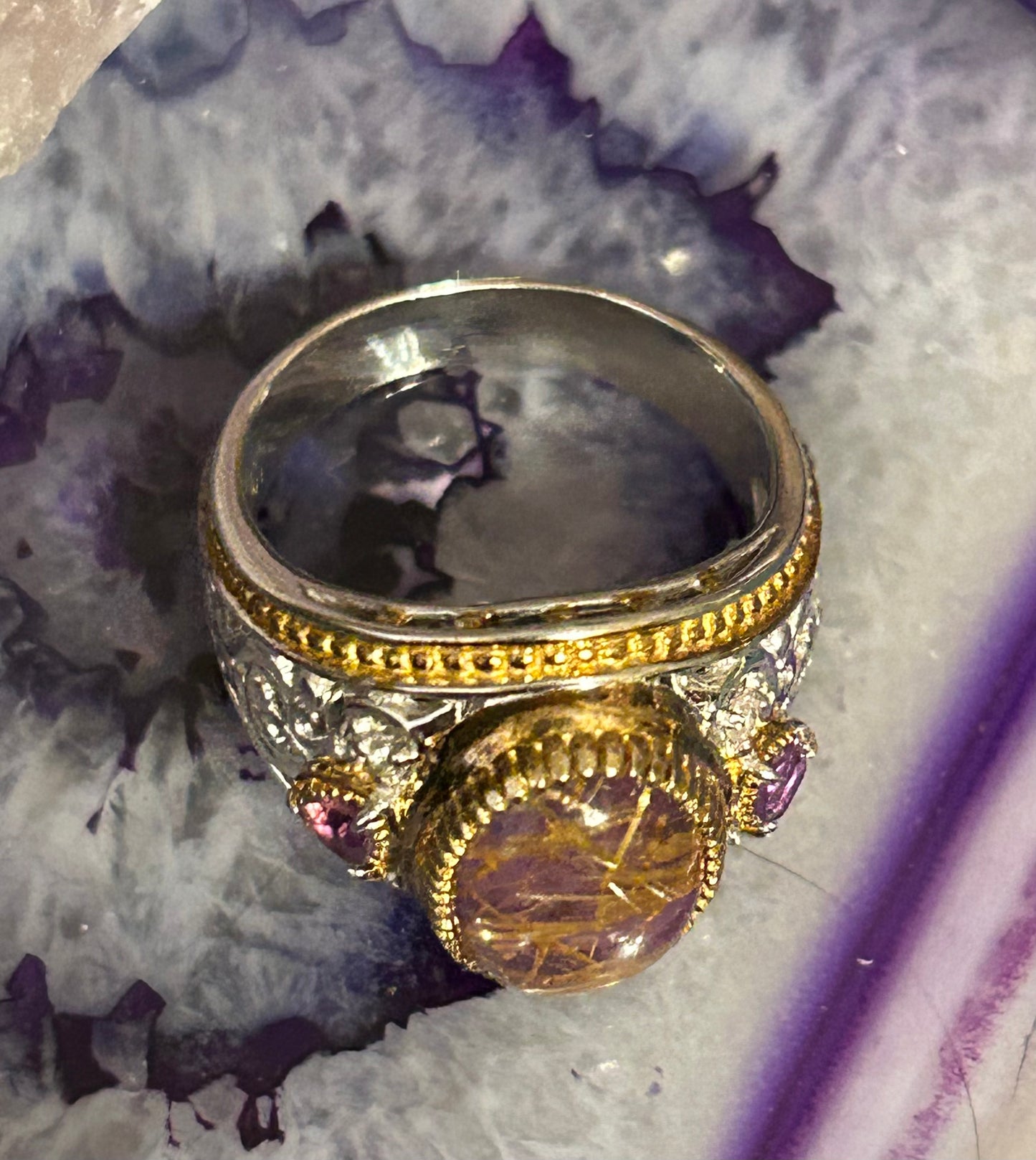 Sterling Silver NH Designer Purple Golden Rutilated Quartz & Amethyst Ring Size 11