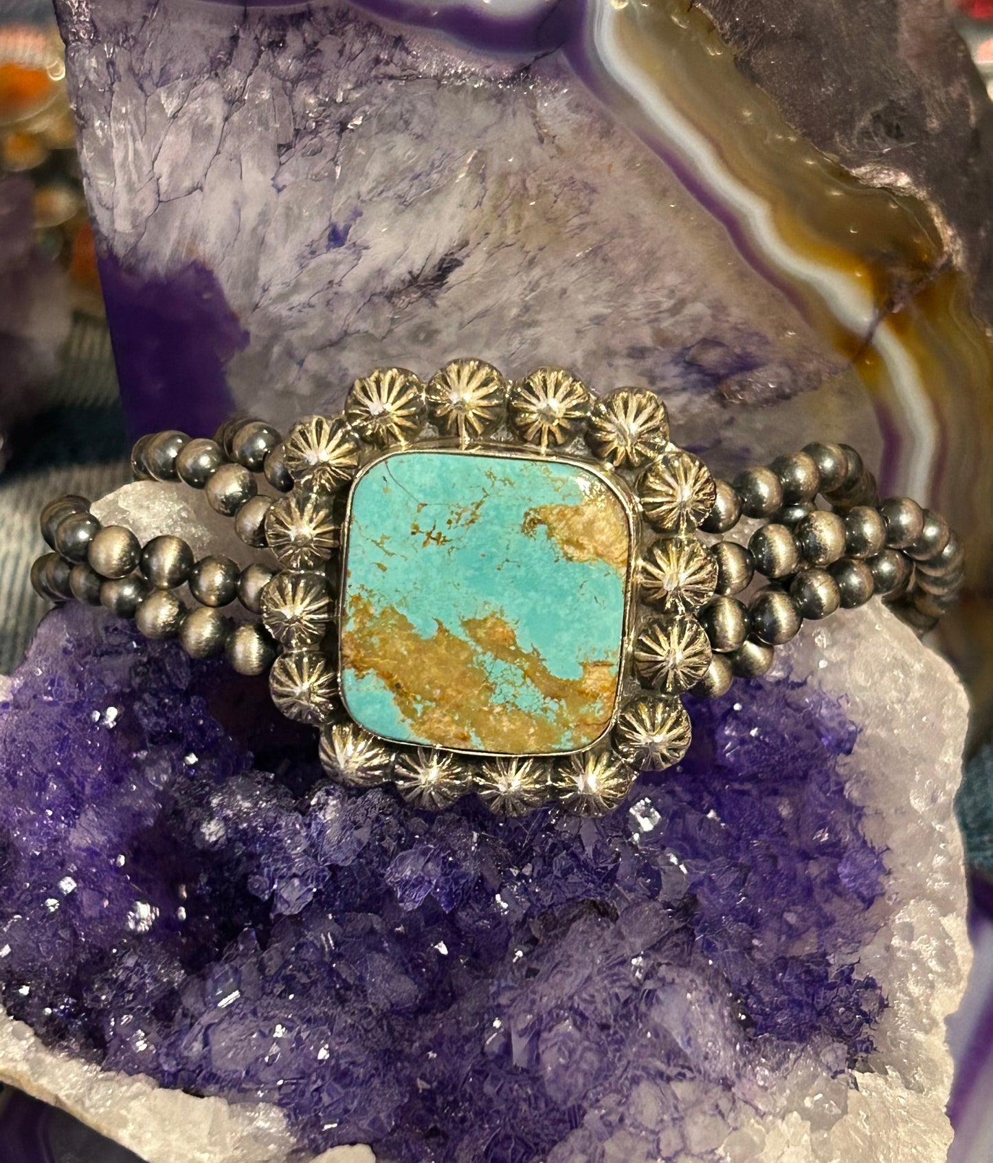 Sterling Silver Desert Pearl Ball Beads and Square Turquoise Four Band Stretch Bracelet