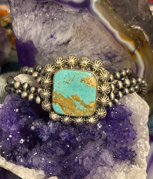 Sterling Silver Desert Pearl Ball Beads and Square Turquoise Four Band Stretch Bracelet