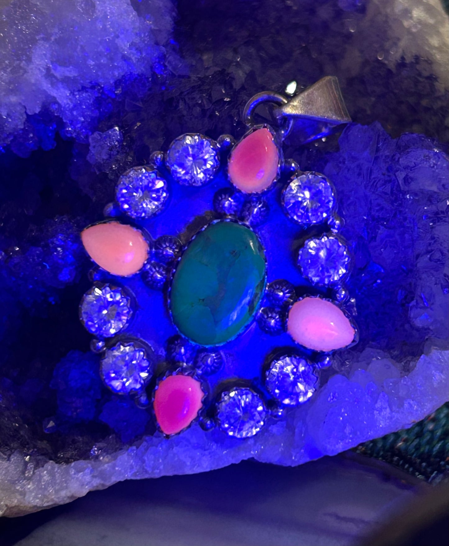 Sterling Silver Multi-Stone Pendant With Green Apple Turquoise, Ruby, & CZ
