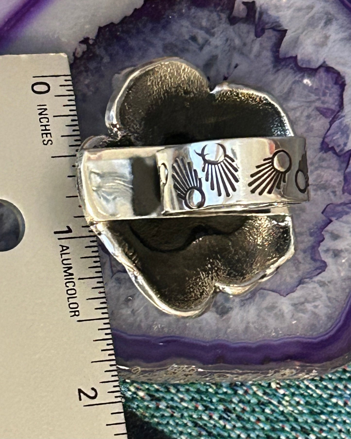 Sterling Silver Taxco Mexico Rose & Zircon Heart Gem Statement Adjustable Ring