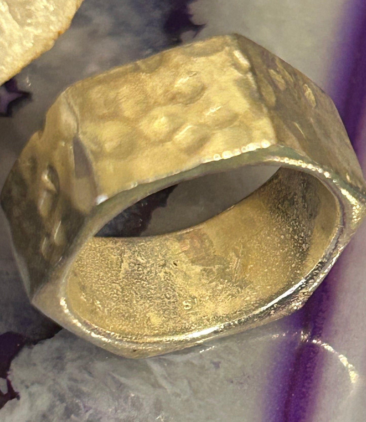 Sterling Silver Hammered Hexagon Wide Band Ring • Size 6