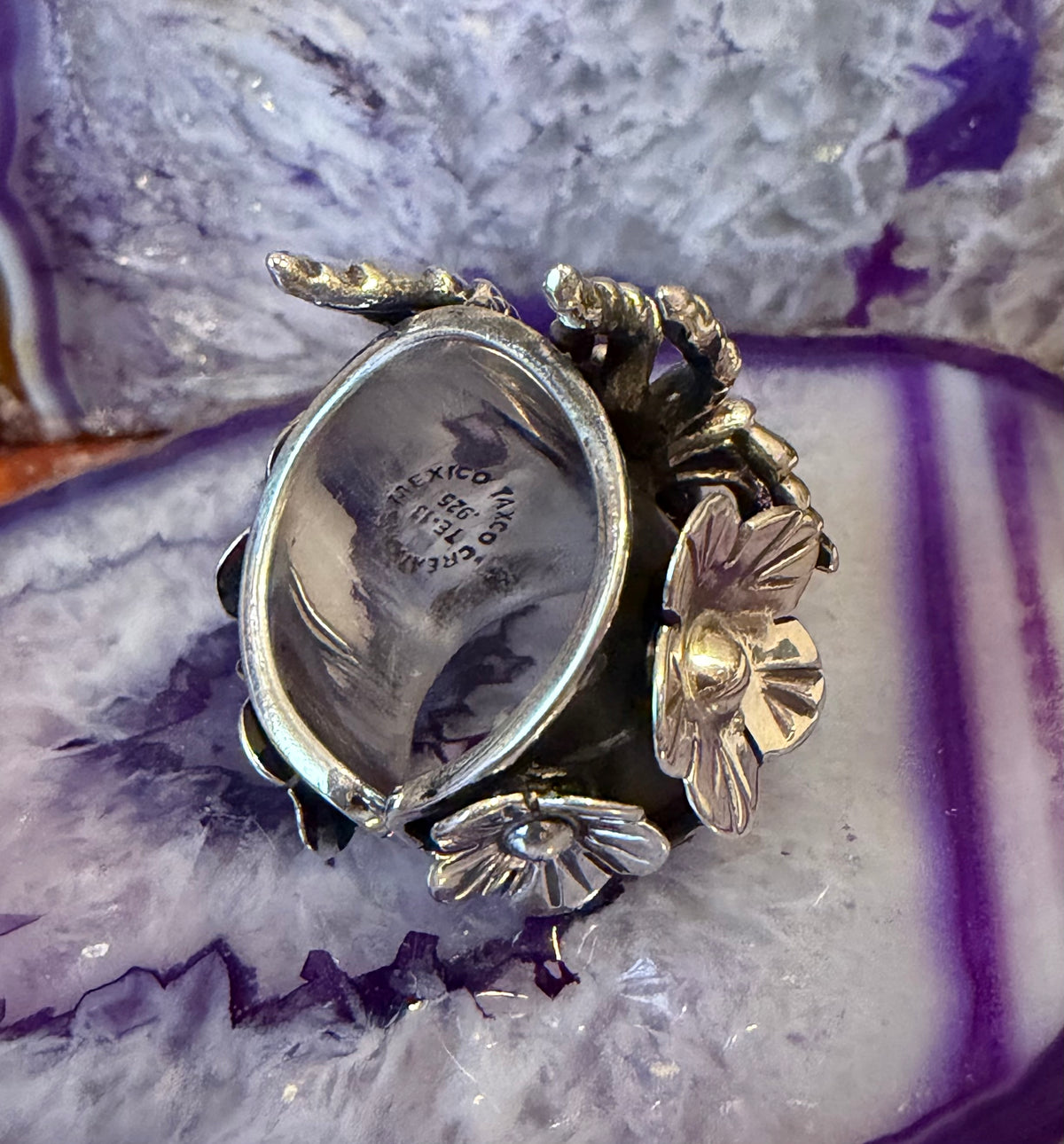 Taxco Mexico Sterling Silver Tarantula Spider & Flowers Ring • Size 7-9