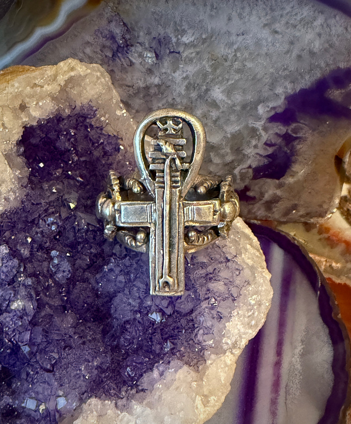 Vintage Sterling Silver Chunky Egyptian Symbols Ring Size 8
