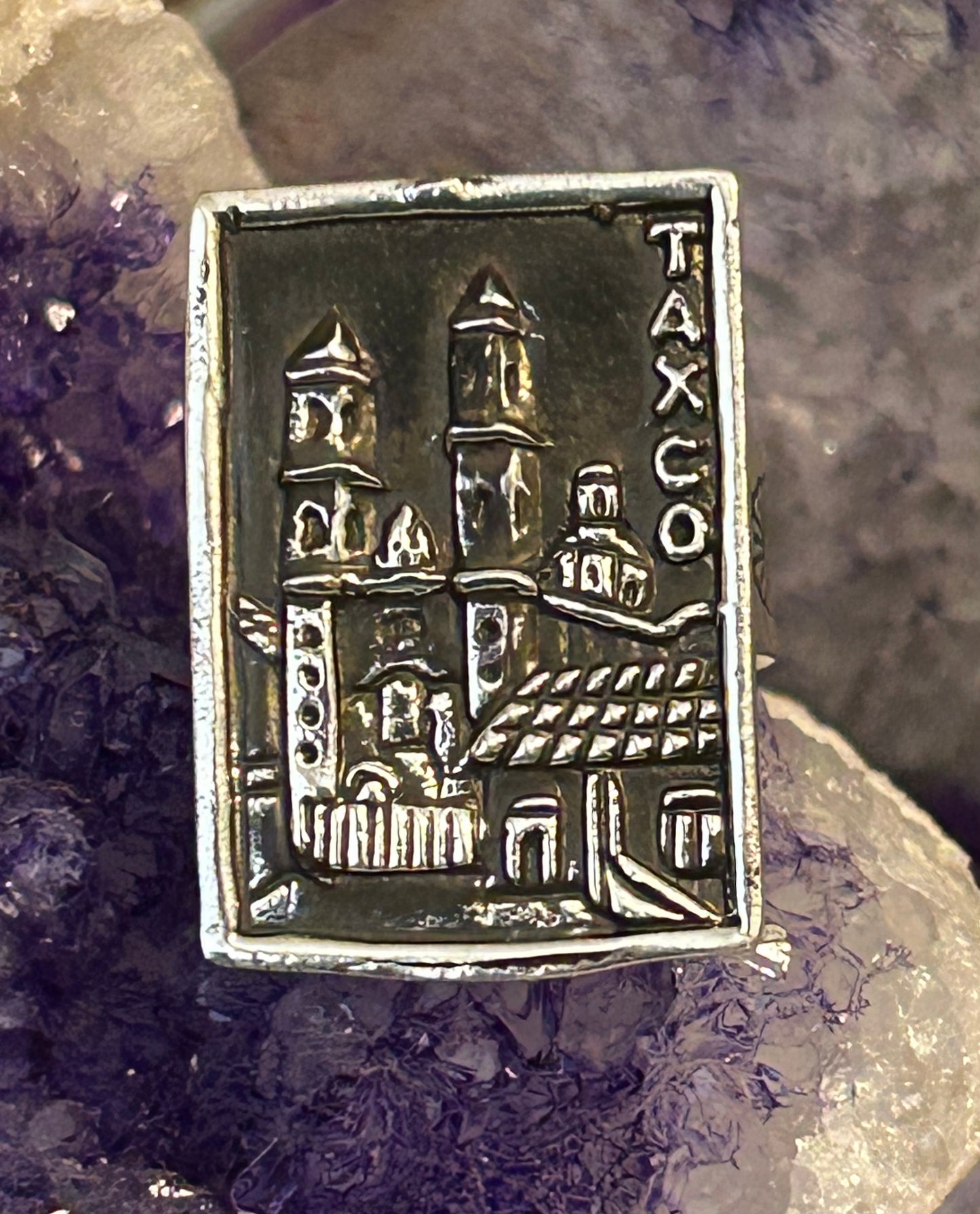 Sterling Silver Modern Taxco Mexico “TAXCO” City Scene Loteria Card Ring