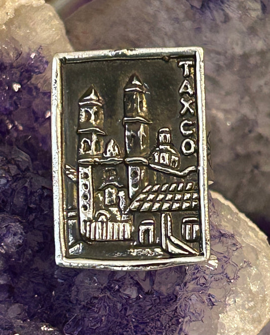 Sterling Silver Modern Taxco Mexico “TAXCO” City Scene Loteria Card Ring