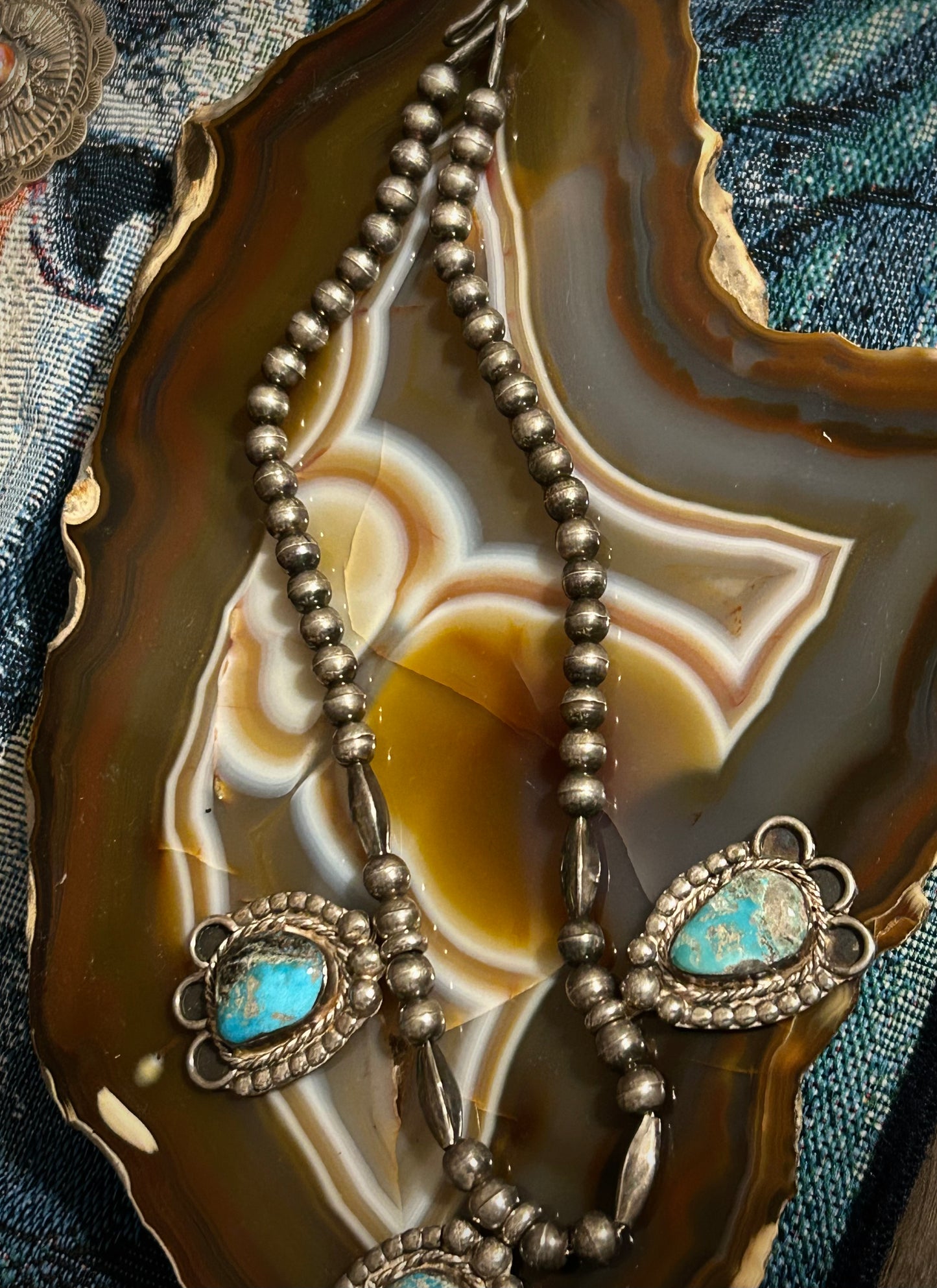 Sterling Silver Vintage Native American Turquoise and Bench Bead Choker Necklace