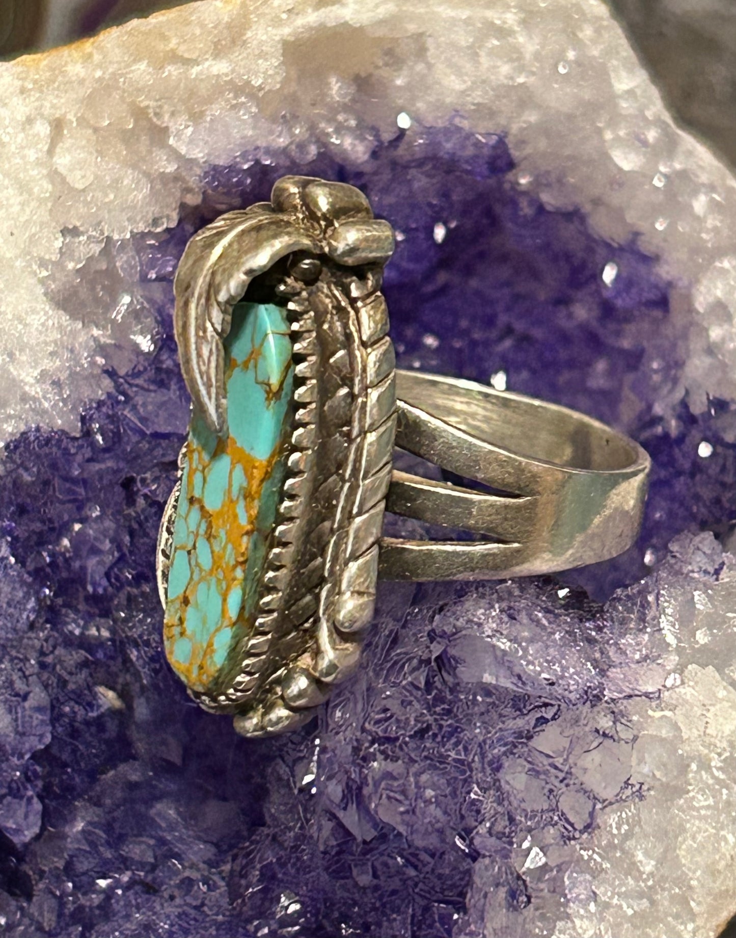 Vintage Sterling Silver 1996 Carol Felley Feather  Leaf Turquoise Ring Size 9