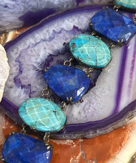 Vintage Whitney Kelly Sterling Silver Faceted Lapis & Turquoise Link Bracelet
