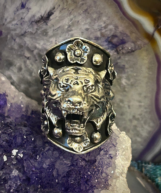 950 Silver Taxco Mexico Large Tiger And Flowers Wide Ring Sz 7-8.5