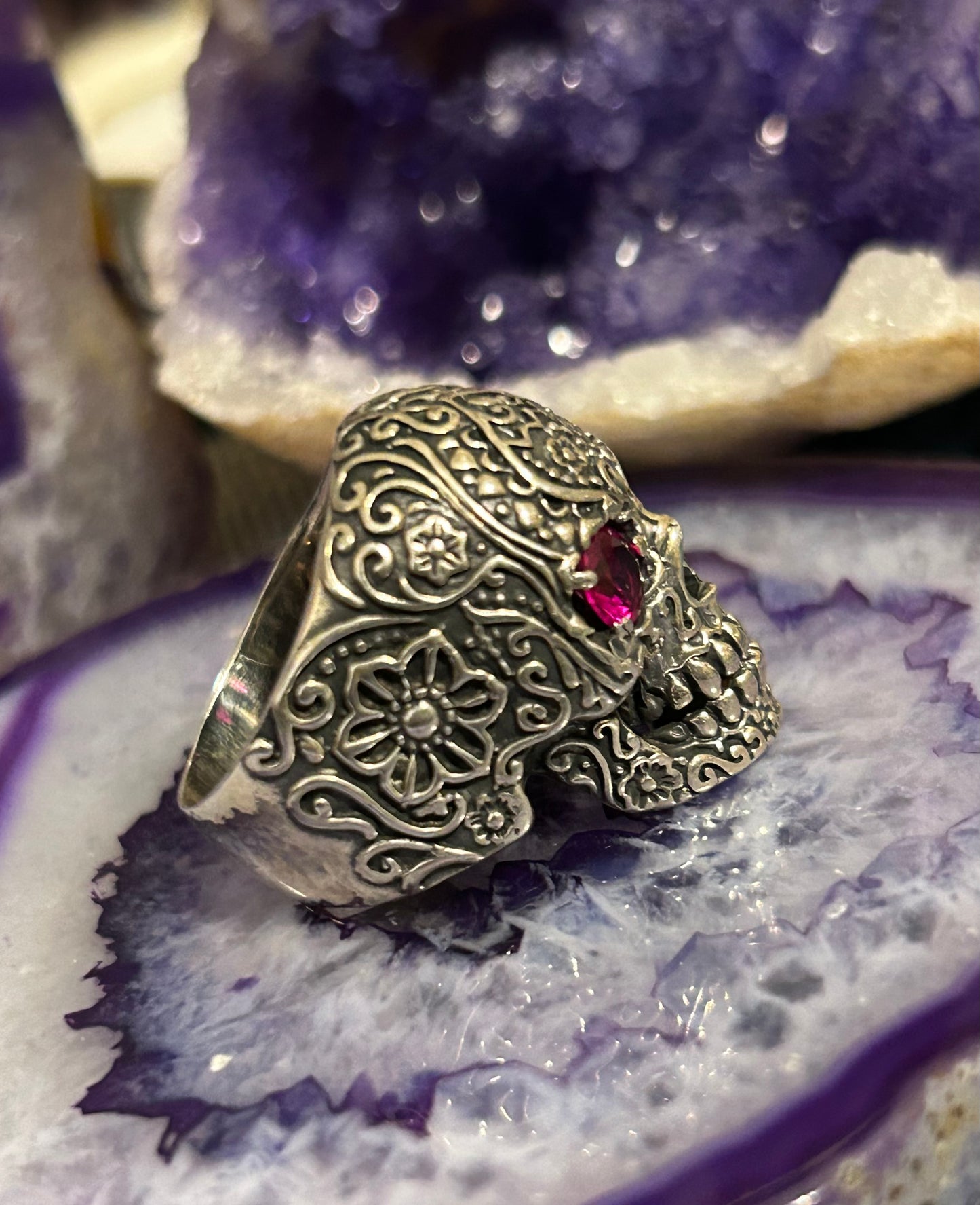 Sterling Silver Sugar Skull With Ruby Eyes Large Skull Ring Size 9