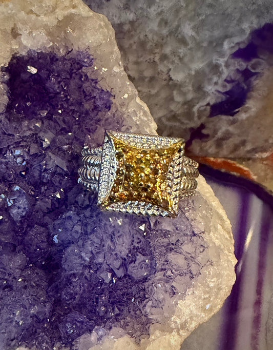 Sterling Silver 925 Genuine Orange Diamonds Ring w/ Rope Detailing Size 6