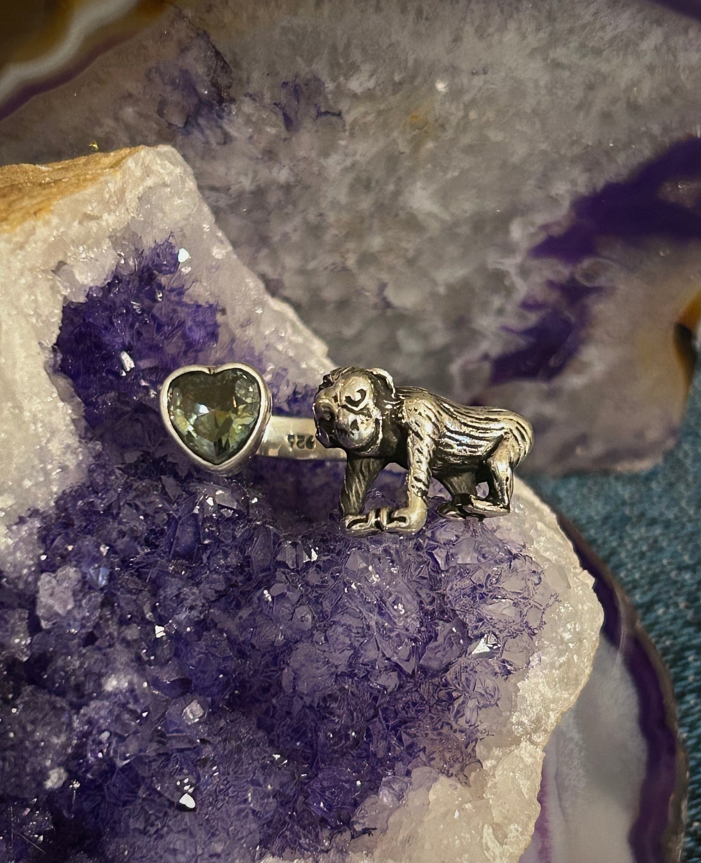 Sterling Silver Taxco Mexico Zircon Heart & Gorilla Bypass Ring Size 6.5-7.5