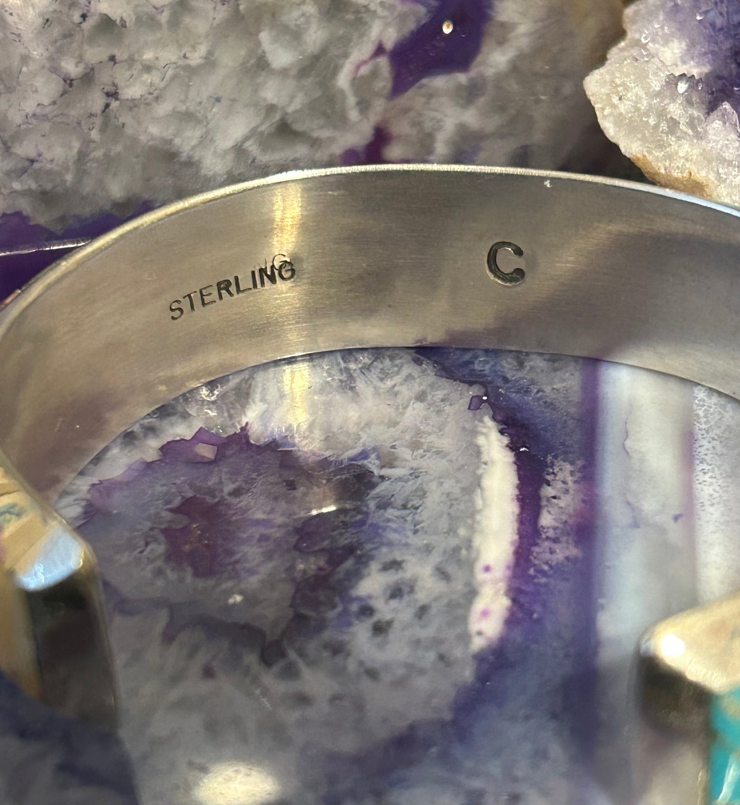 Native American Sterling Silver Multi Stone Inlay Cuff Bracelet Signed “C”