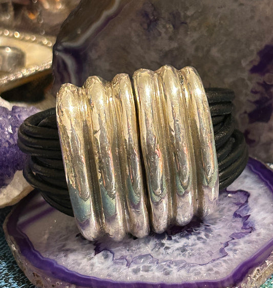 Vintage Chunky Electroformed Sterling Silver & Leather Modernist Bracelet