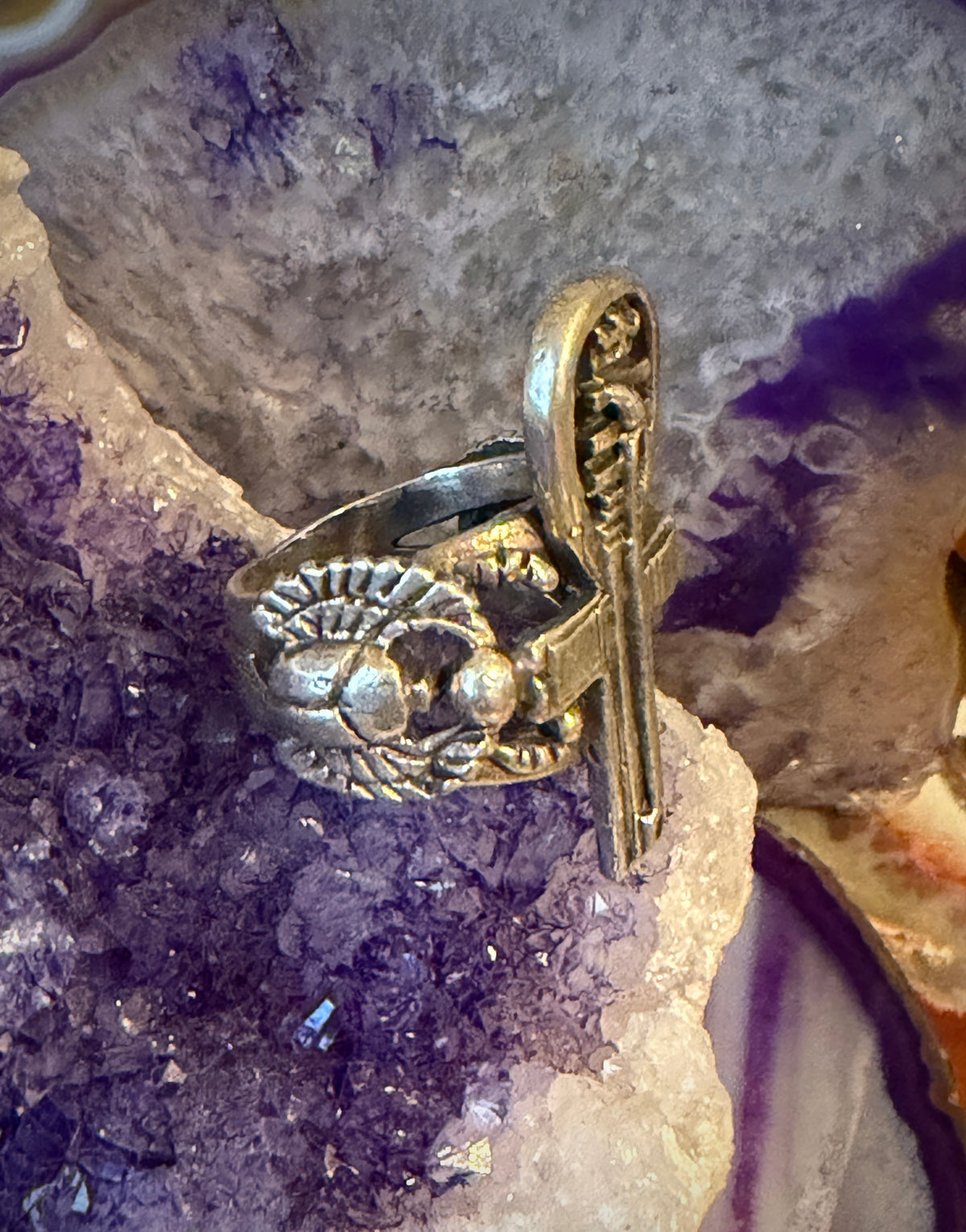 Vintage Sterling Silver Chunky Egyptian Symbols Ring Size 8