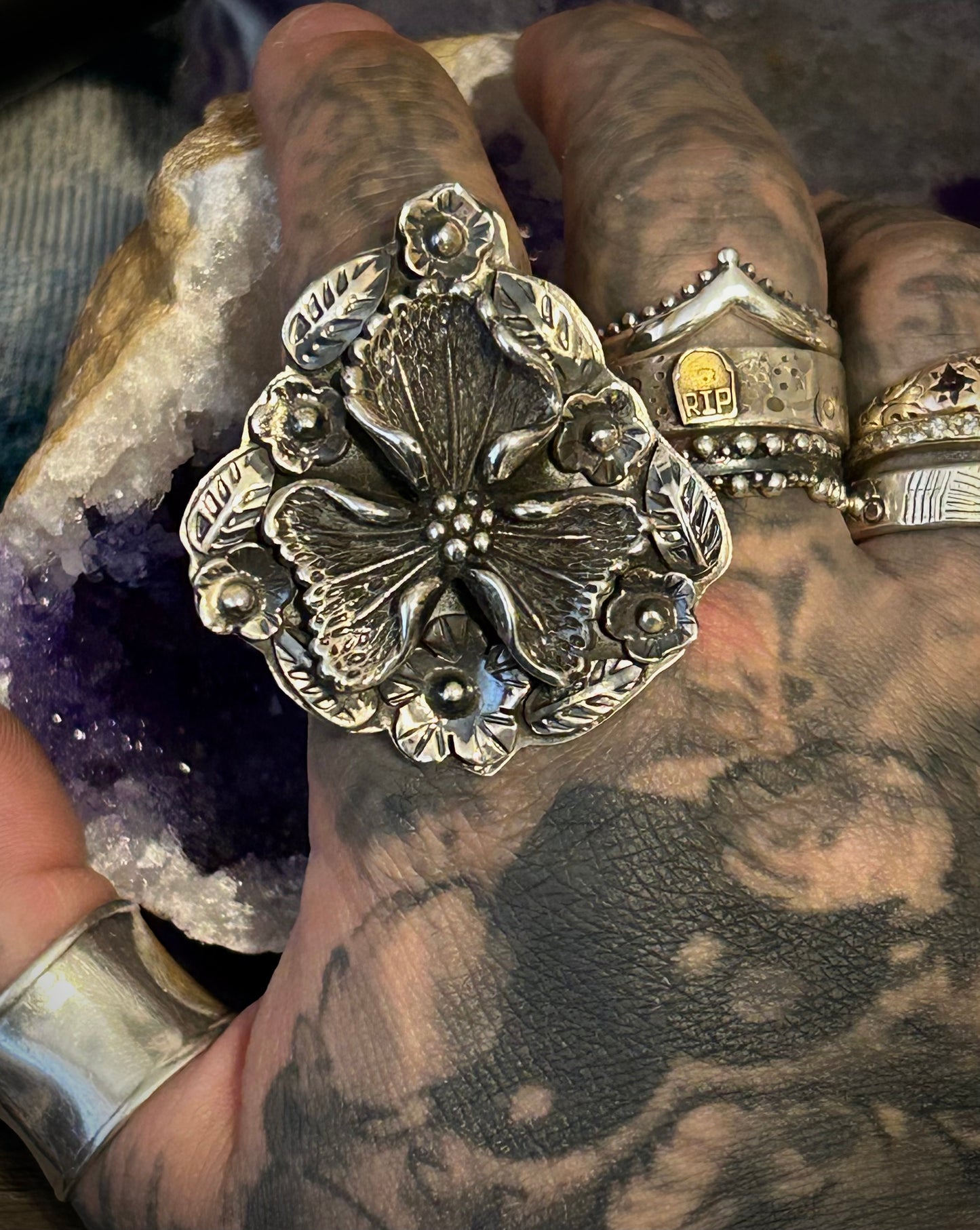 Sterling Silver Taxco Mexico Dogwood Blossom-like Flower Large Ring Size 7.5-9