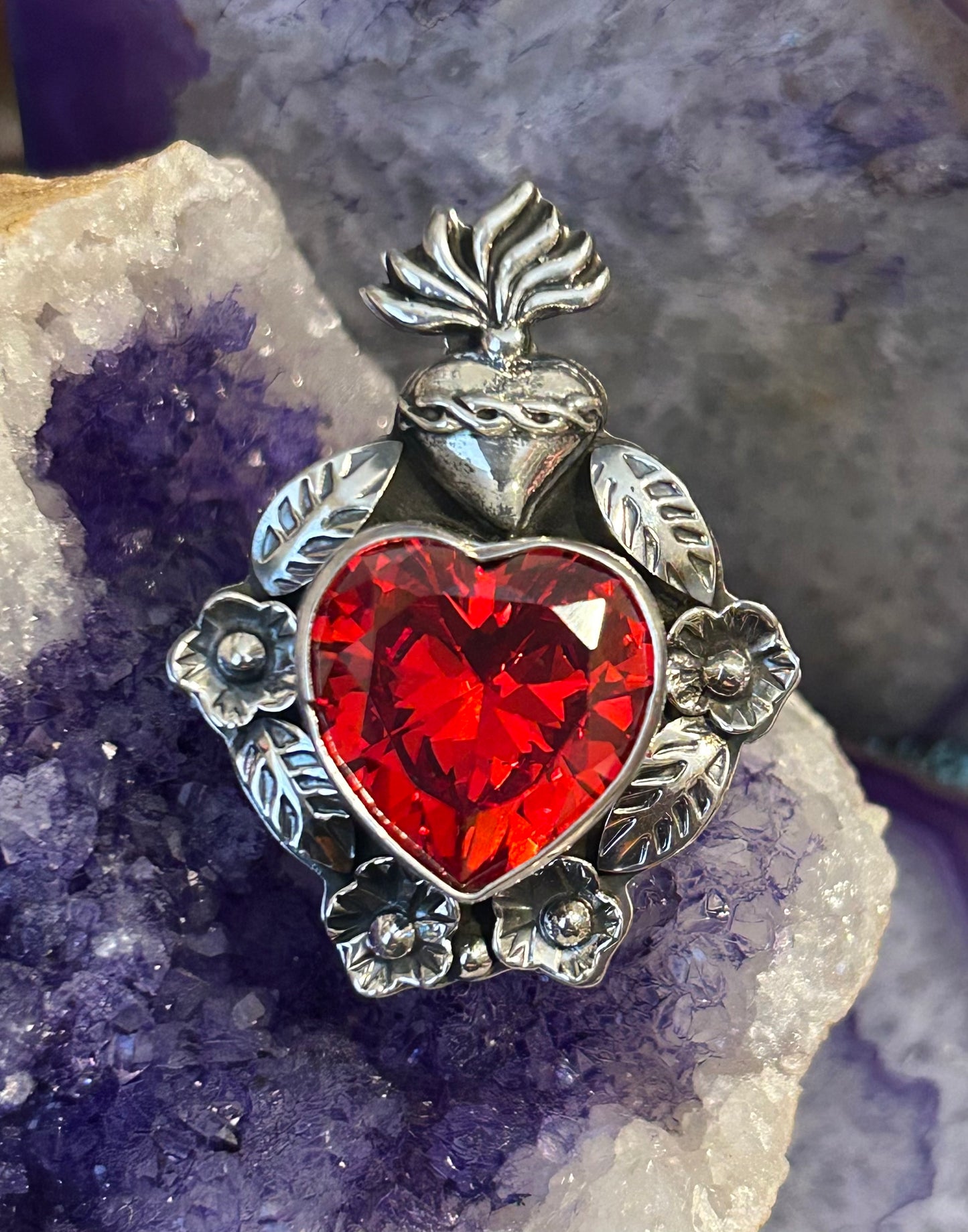 Taxco Mexico 950 Silver Red Zircon Sacred Heart & Flowers Ring Adjustable