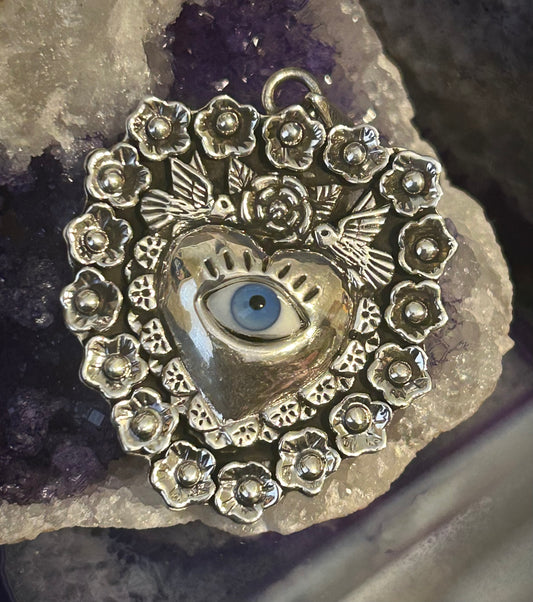 Sterling Silver Taxco Mexico Seeing Eye Heart W/ Rose And Birds Large Pendant