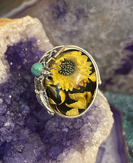 Sterling Silver Carved Flower Baltic Amber Ring w/ Turquoise Spider Adjustable