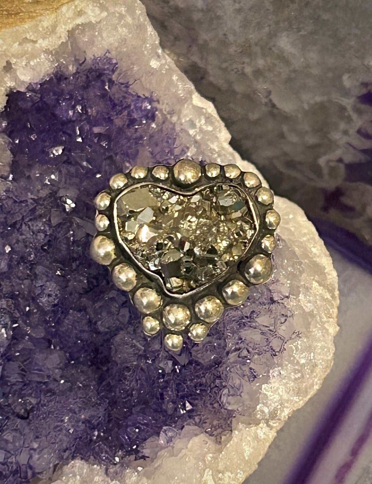 Sterling Silver Modern Taxco Mexico Pyrite Heart w/ Balls Adjustable Ring