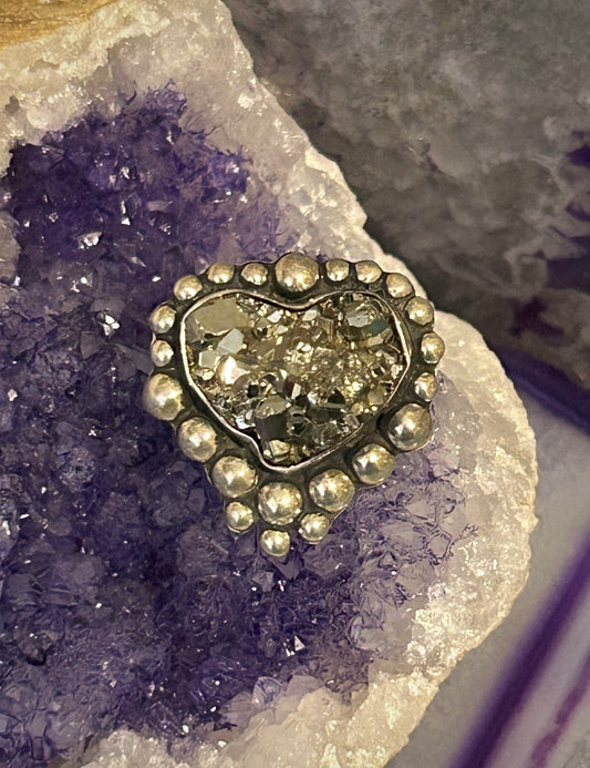 Sterling Silver Modern Taxco Mexico Pyrite Heart w/ Balls Adjustable Ring