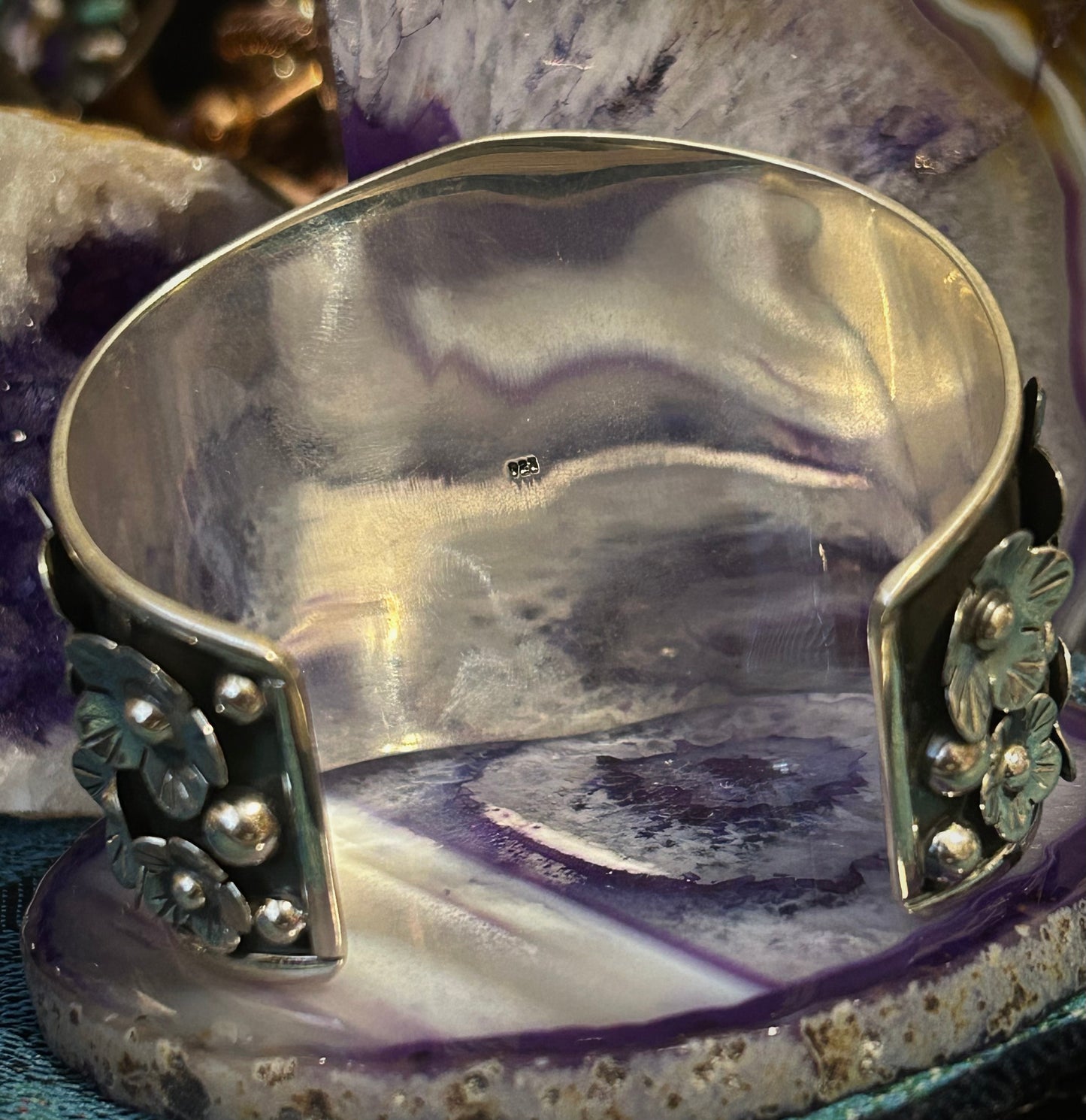 Sterling Silver Taxco Mexico Large Statement Flower Cuff W/ Natural Turquoise