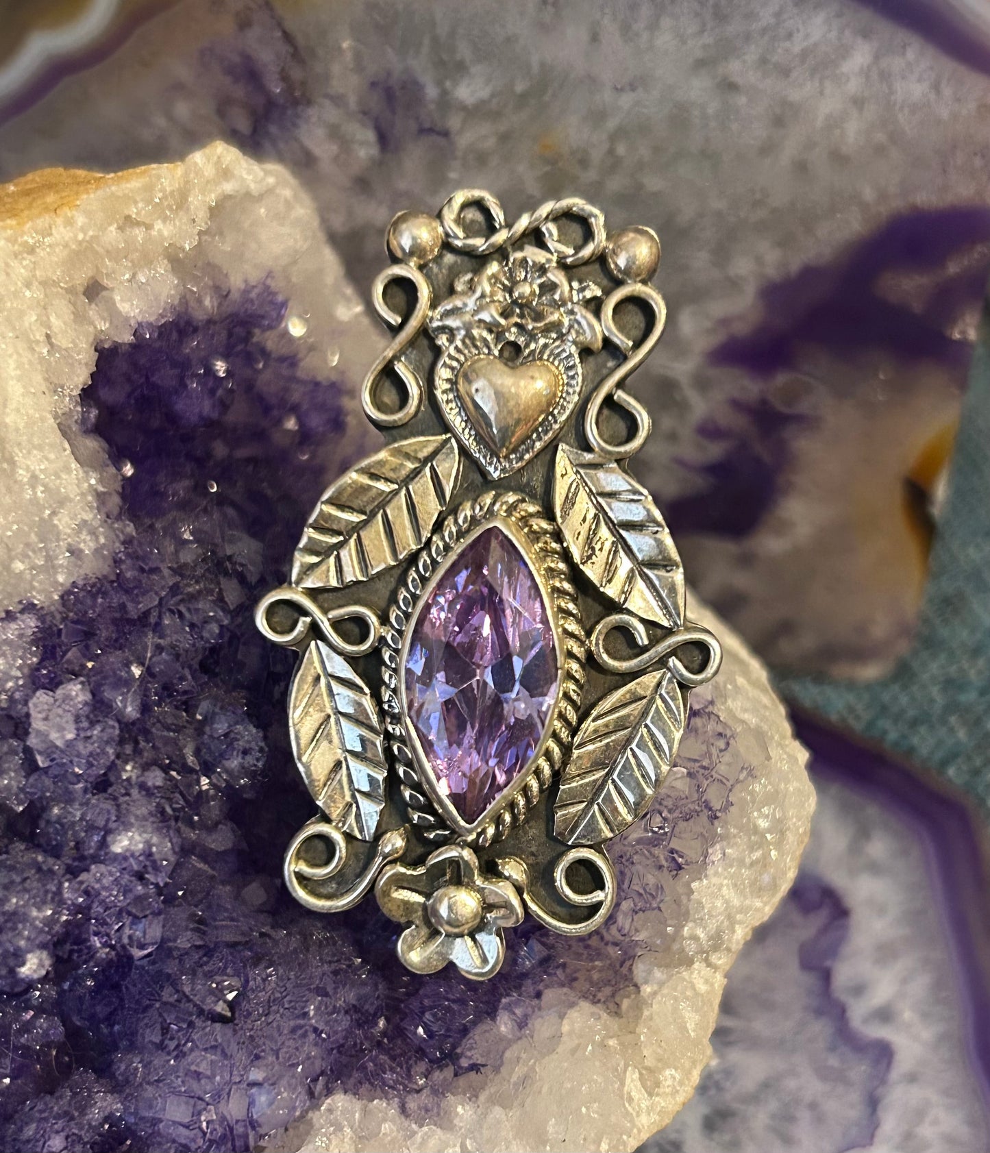 Sterling Silver Taxco Mexico Amethyst w/ Heart And Flower Adjustable Ring