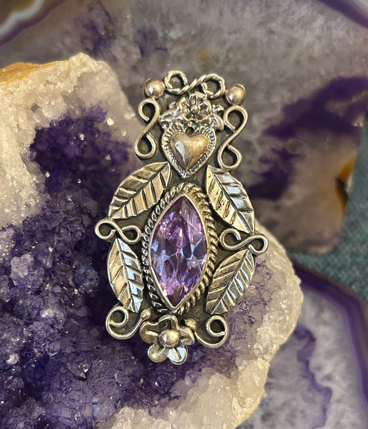 Sterling Silver Taxco Mexico Amethyst w/ Heart And Flower Adjustable Ring