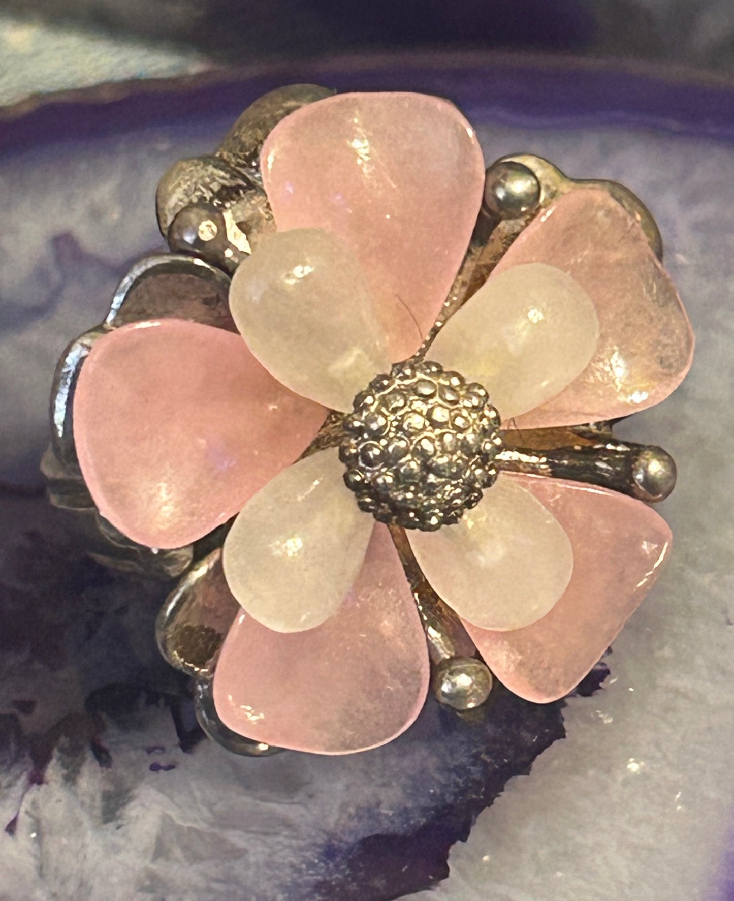 Vintage Whitney Kelly Sterling Silver Rose & Rock Quartz Flower Ring • Size 9