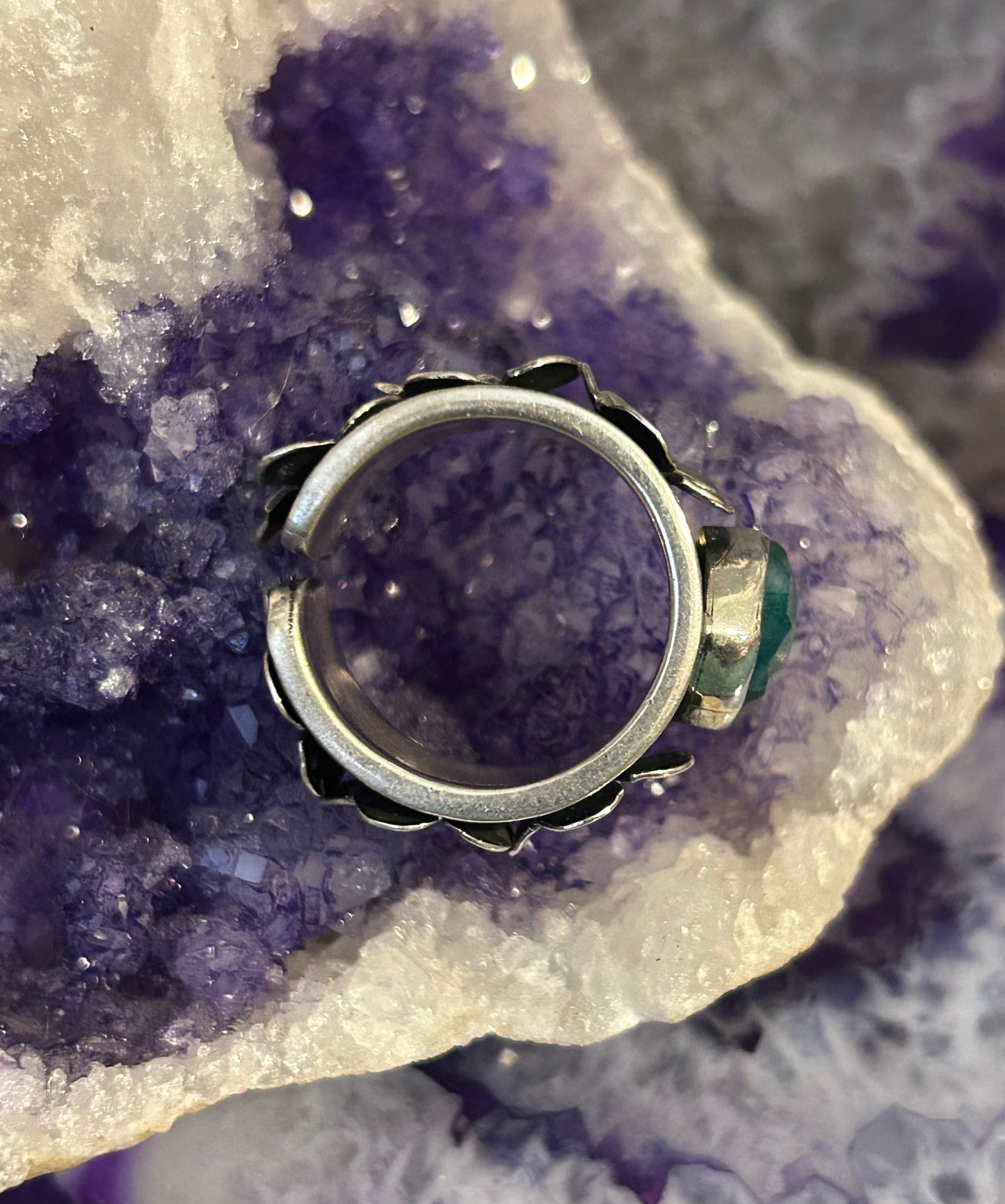 Sterling Silver Taxco Mexico Emerald Heart & Flowers Ring Size 8-9.5