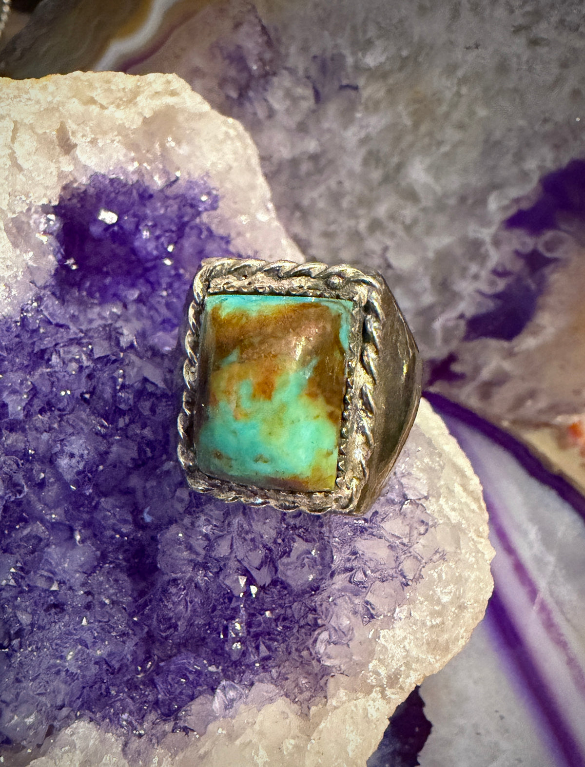 Vintage Sterling Silver Chunky Signet Style Shaped Natural Turquoise Ring Sz 10