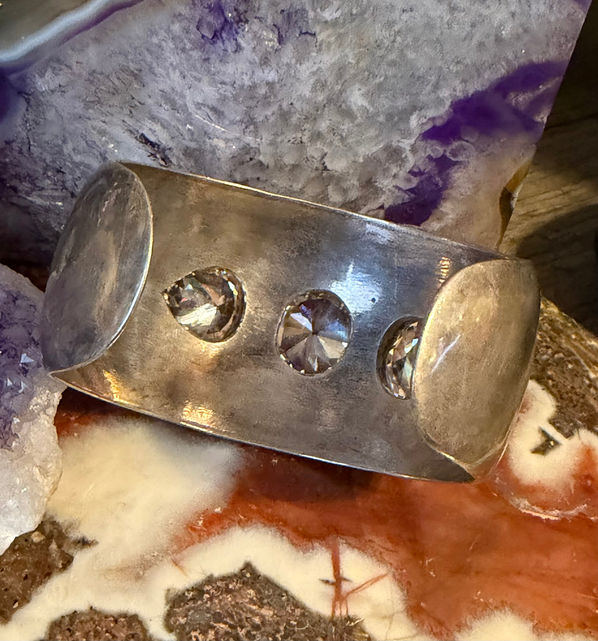Vintage Sterling Silver Wide Modernist Cuff Bracelet W/ Clear CZ Stones