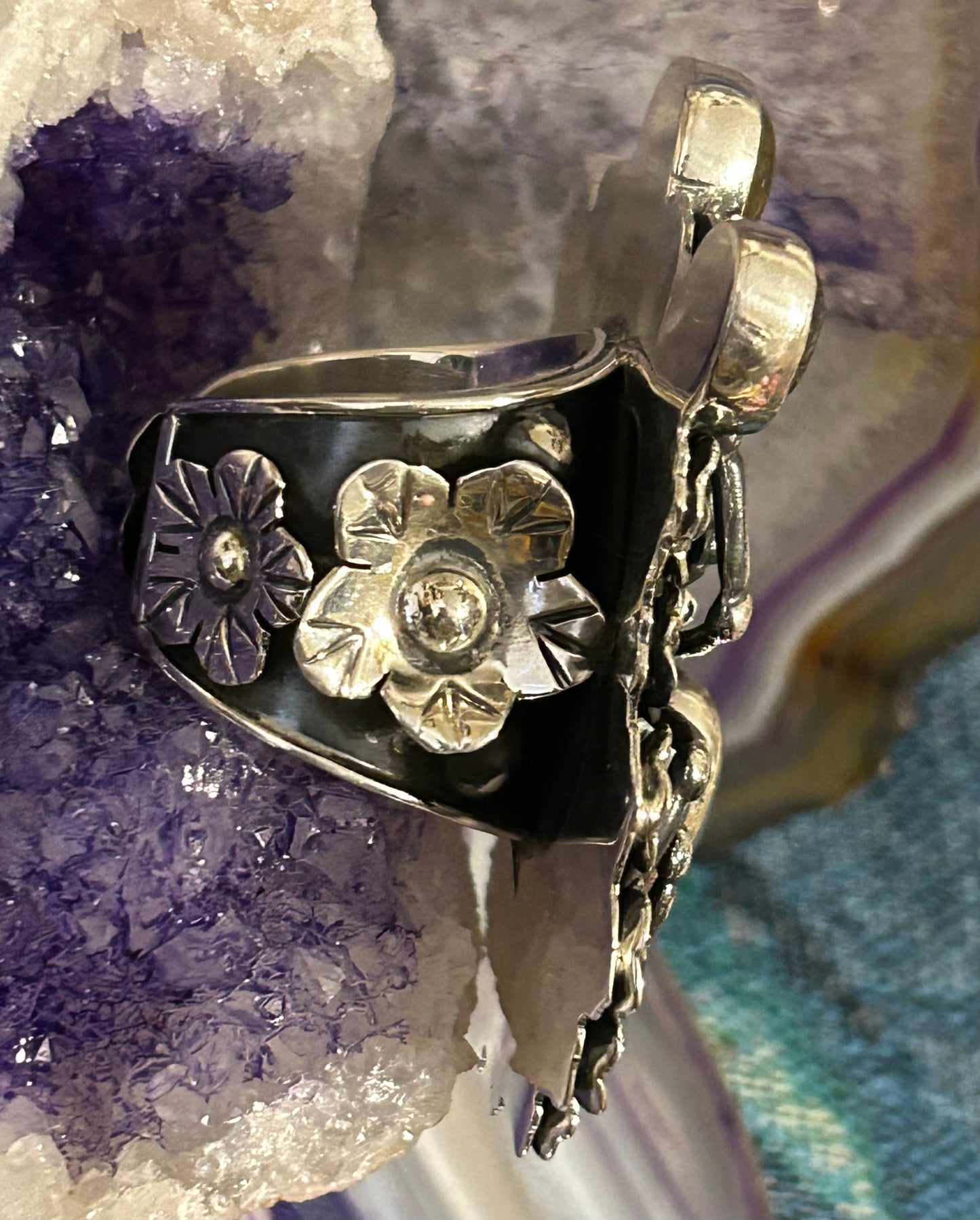 950 Silver Taxco Mexico Large Spider W/ Labradorite & Flowers Sz 7-8.5