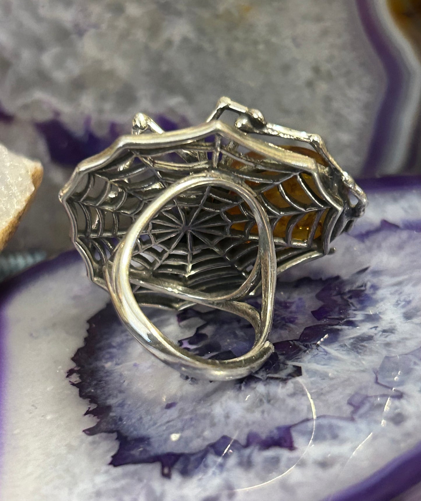 Sterling Silver Spider & Web Ring w/ Large Natural Amber Stone • Adjustable