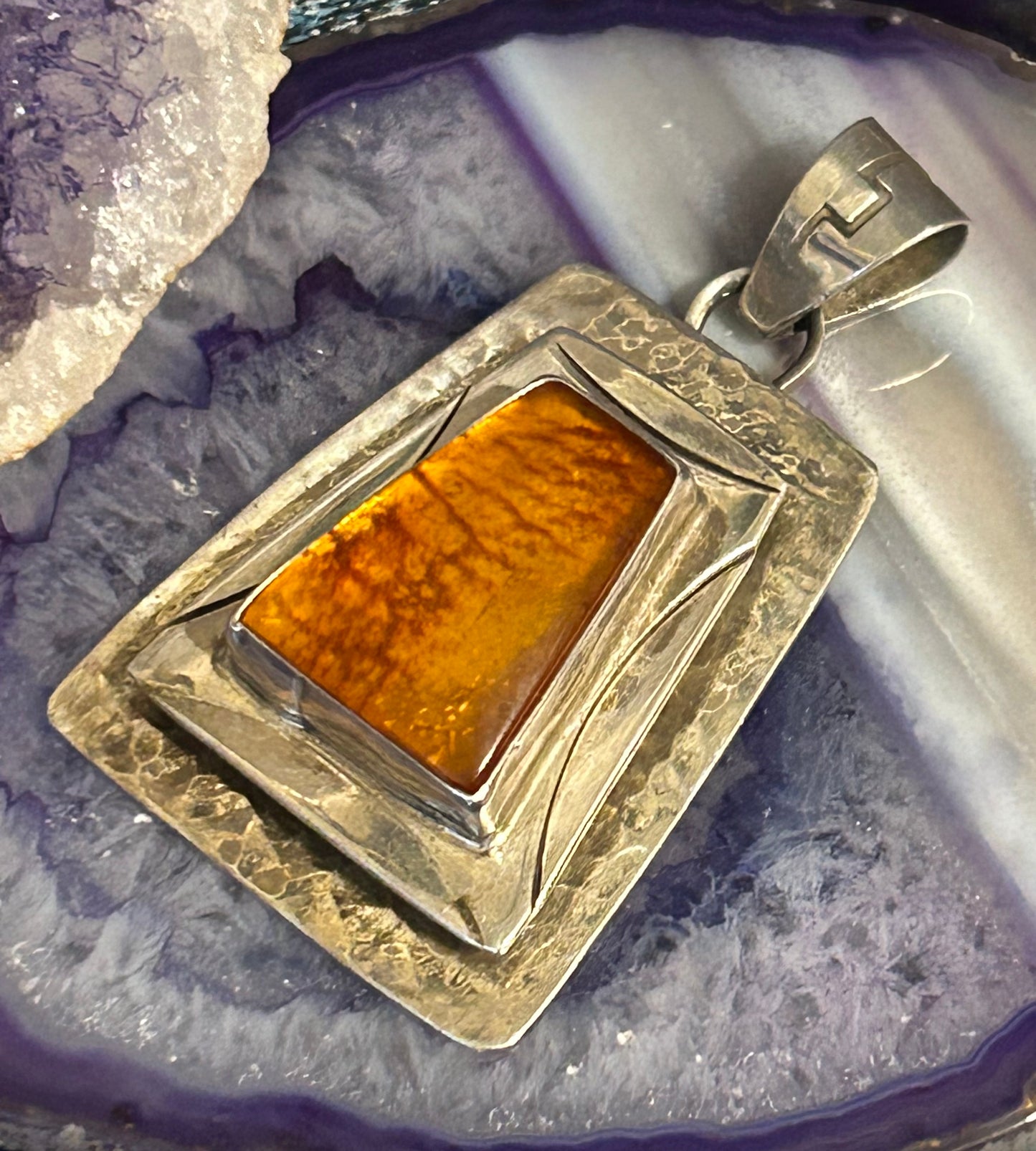 Sterling Silver Native American Baltic Amber Large Pendant Signed OO