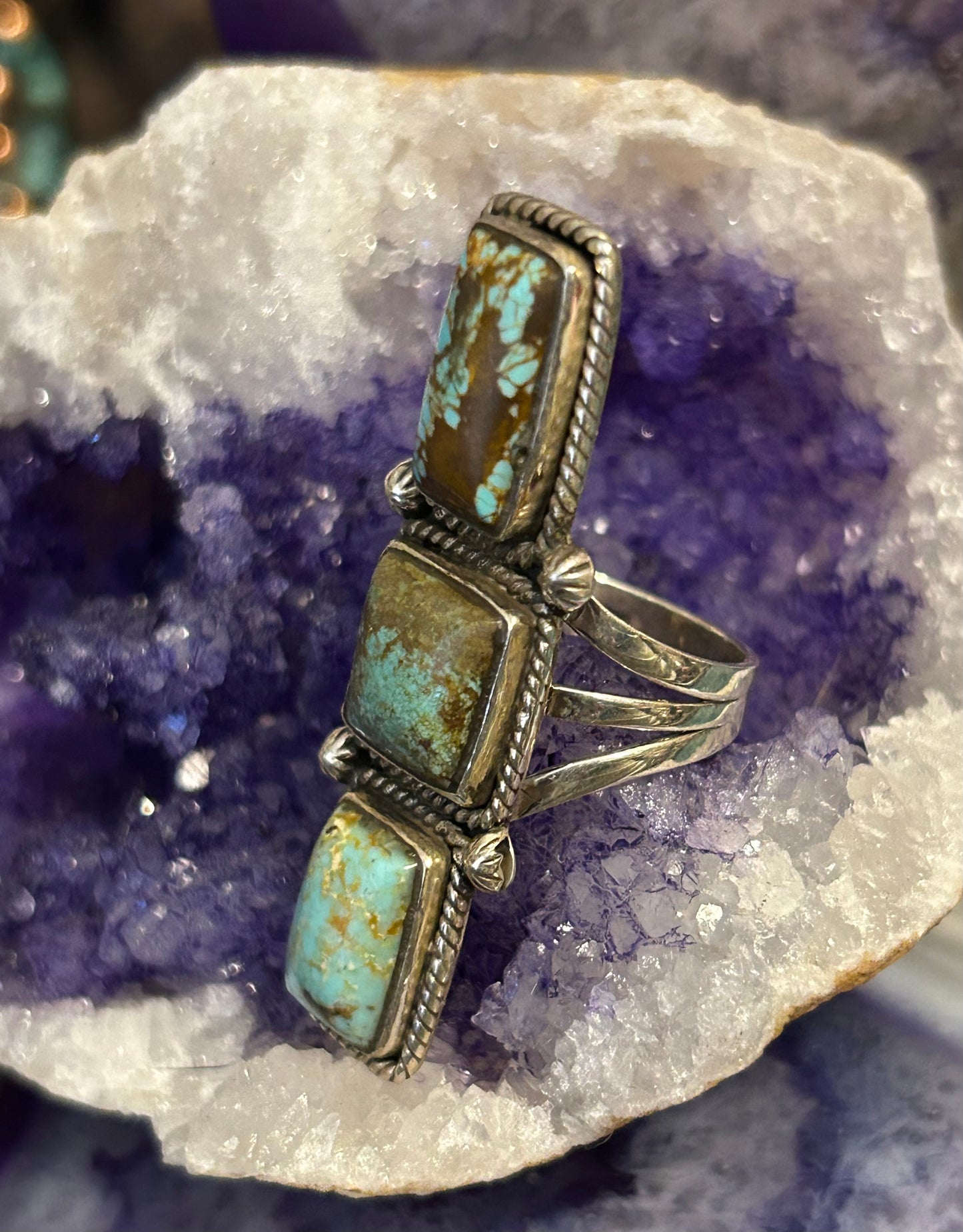 Sterling Silver Long Turquoise Rectangle Ring • Sz 7