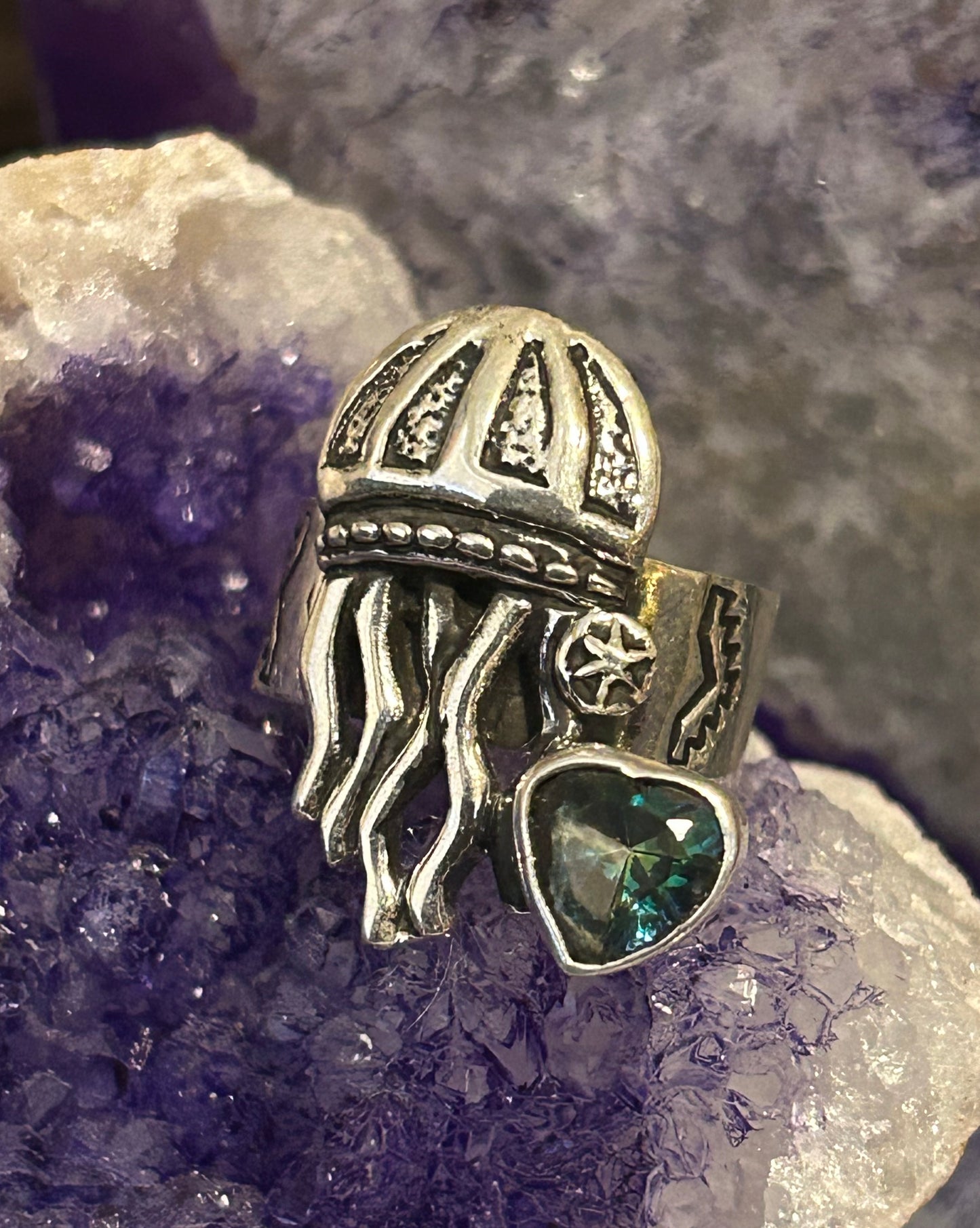 Sterling Silver Modern Taxco Mexico Jellyfish & Zircon Heart Ring Adjustable