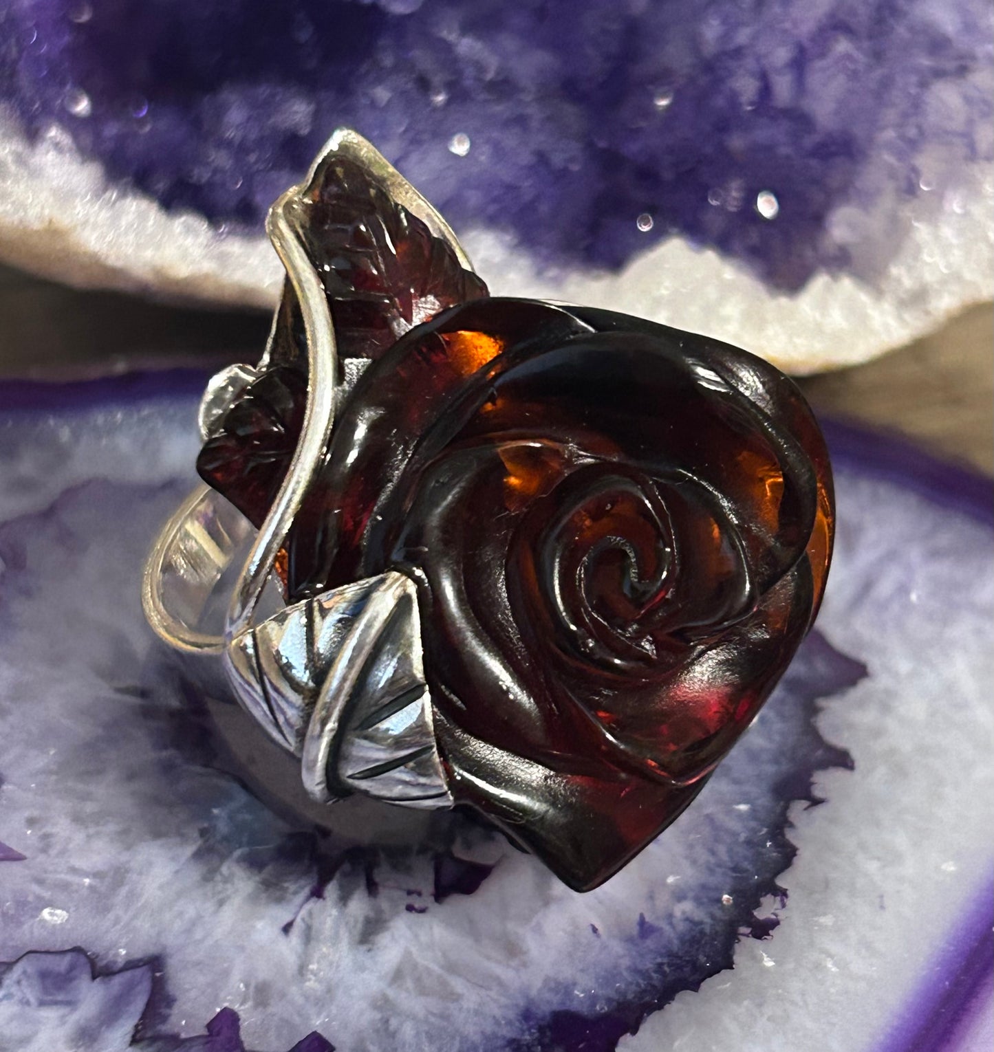 Sterling Silver Cherry Amber Big Rose Adjustable Ring
