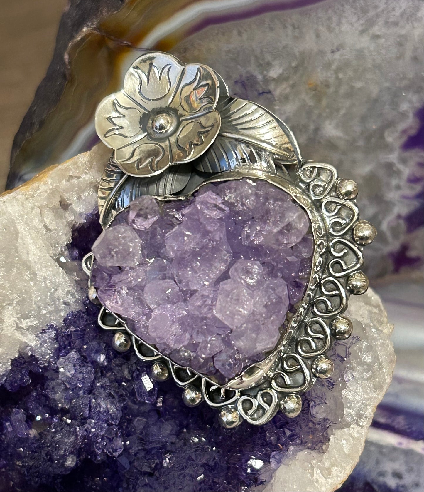 950 Silver Taxco Mexico Large Huge Amethyst Stone Heart Ring Adjustable