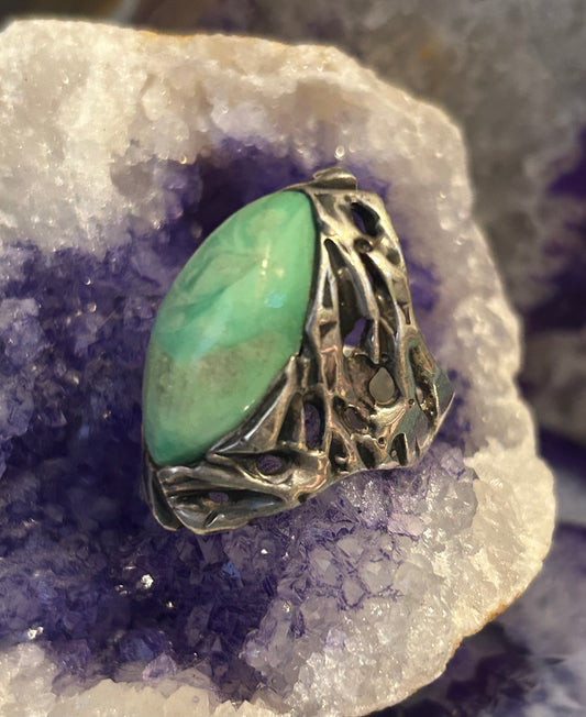 Vintage Sterling Silver Turquoise Brutalist Abstract Chunky Ring Size 8