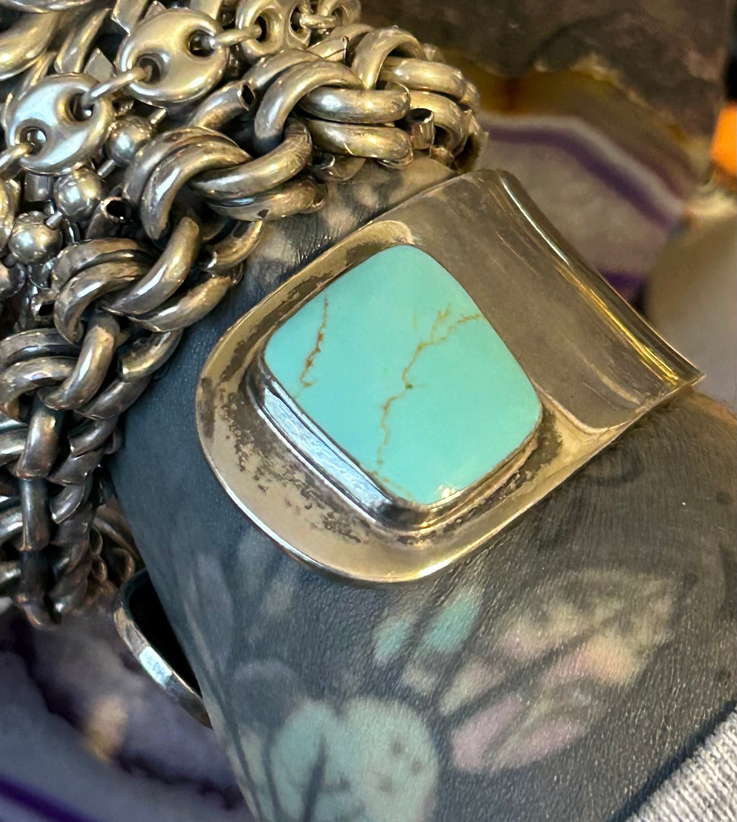 Vintage Sterling Silver Taxco Mexico Asymmetrical Turquoise Cuff Bracelet