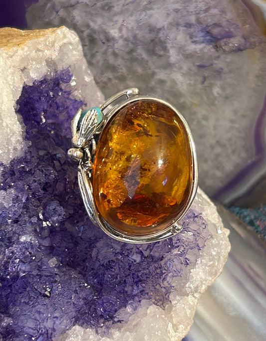 Sterling Silver w/ Large Natural Amber Stone & Turquoise Fly Ring Adjustable