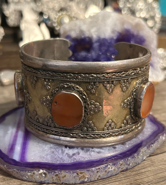 Antique Sterling Silver & Carnelian Turkish Cuff Bracelet