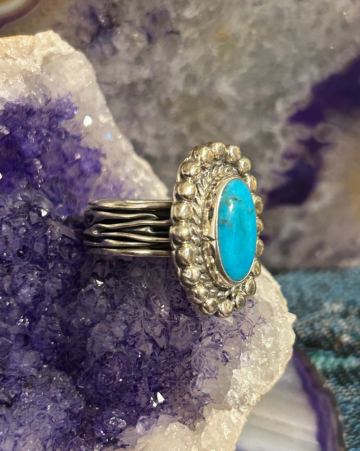 Sterling Silver Taxco Mexico Oval Turquoise Wide Wavy Band Ring Size 8